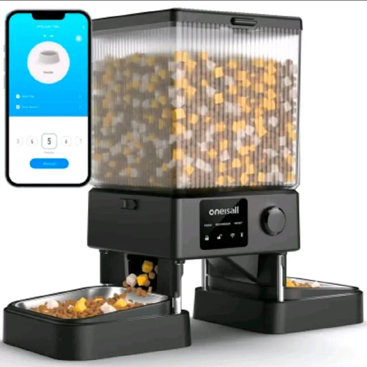 Oneisall 5L/20 Cups Automatic Cat Feeder with 5G Wifi & APP Control, PFD-002 PRO Double Bowl Cat Food Dispenser with 1 Desiccant Bag, Timed Automatic Pet Feeder for 2 Cats/2 Small Dogs - Black