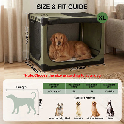 Collapsible Travel Dog Crate, Portable Soft Dog Kennel for Medium Large Dogs up to 60 Lbs, 4-Door Foldable Travel Crate with Durable Mesh & Storage Bag Green/Black/Grey