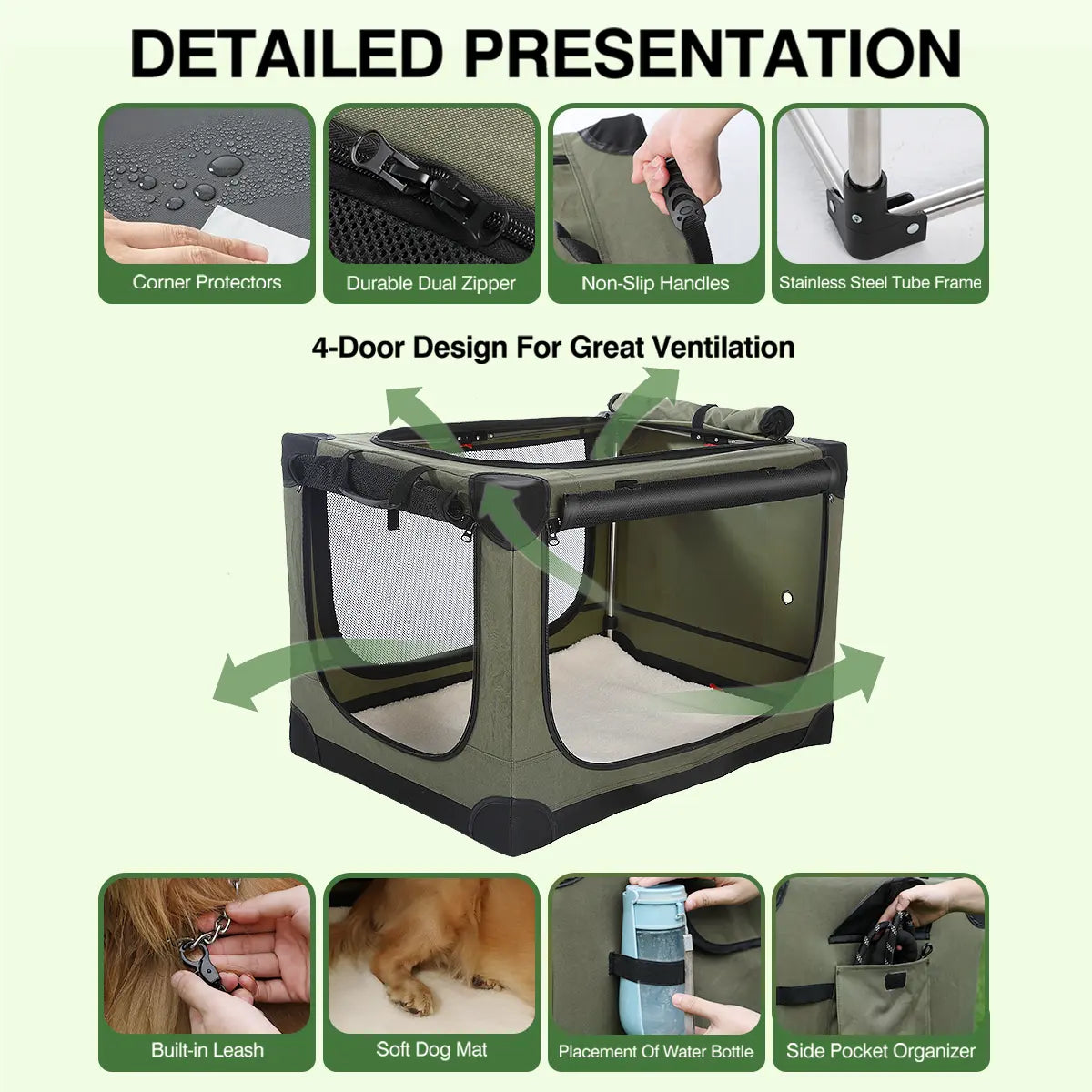 Collapsible Travel Dog Crate, Portable Soft Dog Kennel for Medium Large Dogs up to 60 Lbs, 4-Door Foldable Travel Crate with Durable Mesh & Storage Bag Green/Black/Grey