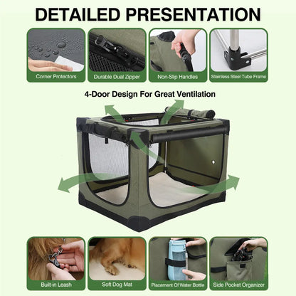 Collapsible Travel Dog Crate, Portable Soft Dog Kennel for Medium Large Dogs up to 60 Lbs, 4-Door Foldable Travel Crate with Durable Mesh & Storage Bag Green/Black/Grey