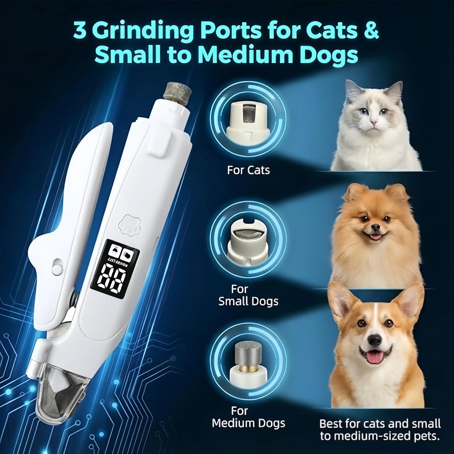 2-In-1 Dog & Cat Nail Clipper and Grinder with LED Light, Low-Noise Electric Pet Nail Trimmer, Safety Lock & Nail Catcher, USB-C Rechargeable, 3 Grinding Ports for Cats & Small to Medium Dogs Grooming Product