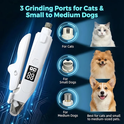 2-In-1 Dog & Cat Nail Clipper and Grinder with LED Light, Low-Noise Electric Pet Nail Trimmer, Safety Lock & Nail Catcher, USB-C Rechargeable, 3 Grinding Ports for Cats & Small to Medium Dogs Grooming Product
