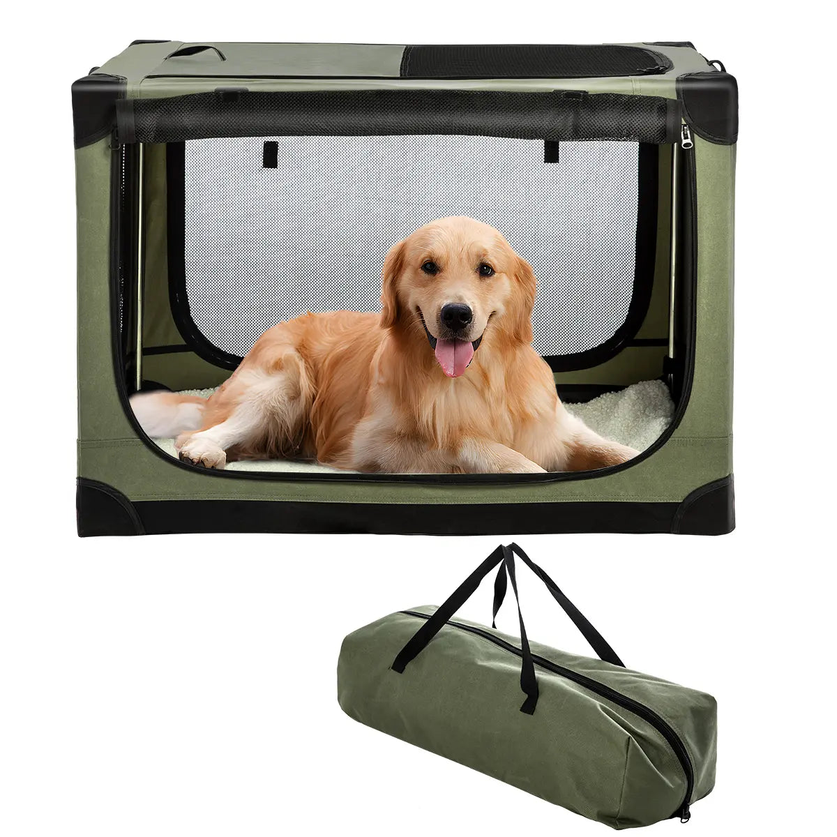 Collapsible Travel Dog Crate, Portable Soft Dog Kennel for Medium Large Dogs up to 60 Lbs, 4-Door Foldable Travel Crate with Durable Mesh & Storage Bag Green/Black/Grey