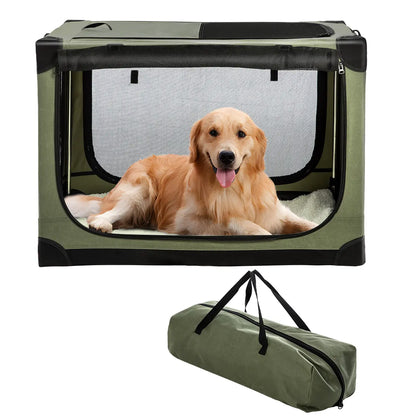 Collapsible Travel Dog Crate, Portable Soft Dog Kennel for Medium Large Dogs up to 60 Lbs, 4-Door Foldable Travel Crate with Durable Mesh & Storage Bag Green/Black/Grey