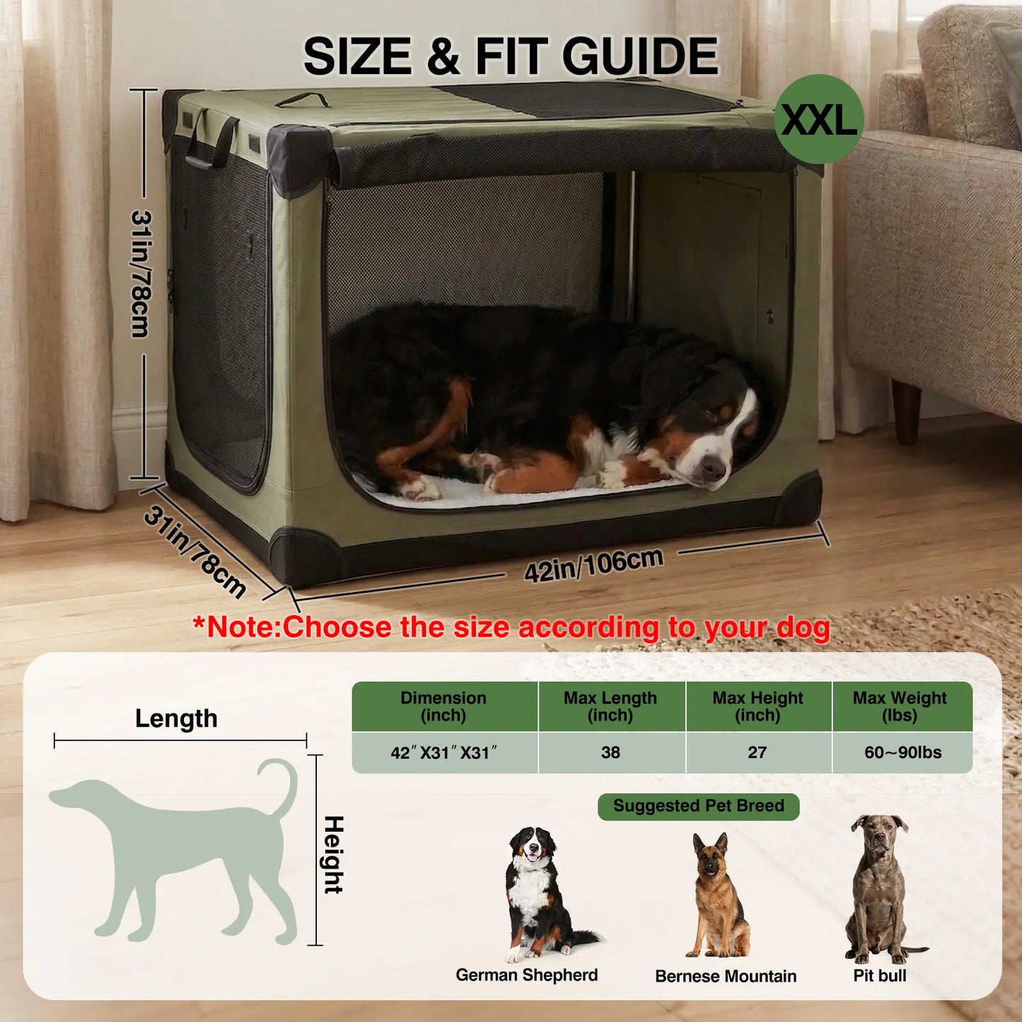 Collapsible Travel Dog Crate, Portable Soft Dog Kennel for Medium Large Dogs up to 60 Lbs, 4-Door Foldable Travel Crate with Durable Mesh & Storage Bag Green/Black/Grey