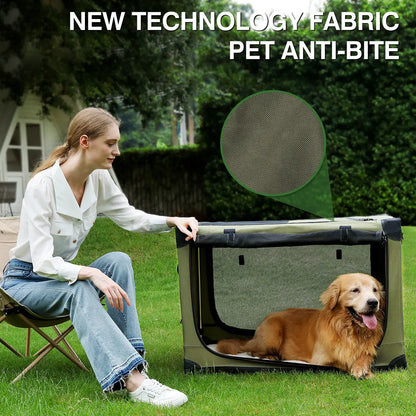 Collapsible Travel Dog Crate, Portable Soft Dog Kennel for Medium Large Dogs up to 60 Lbs, 4-Door Foldable Travel Crate with Durable Mesh & Storage Bag Green/Black/Grey