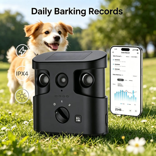 180° Solar Dog Barking Control Device-Outdoor anti Barking Device for All Dog Breeds, Humane No-Bark Trainer, IPX4 Waterproof, Ultrasonic Dog Barking Deterrent with APP Data Report, Dual Speakers & Adjustable Frequency, Dog Accessories