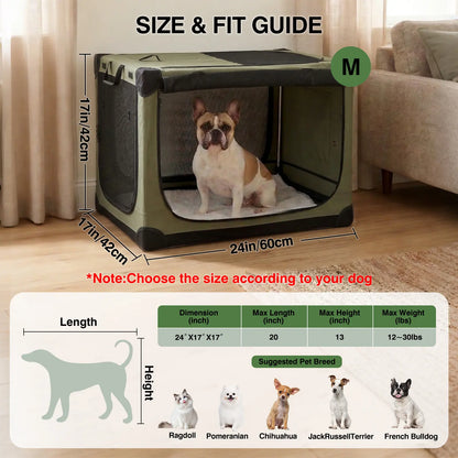 Collapsible Travel Dog Crate, Portable Soft Dog Kennel for Medium Large Dogs up to 60 Lbs, 4-Door Foldable Travel Crate with Durable Mesh & Storage Bag Green/Black/Grey