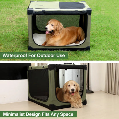 Collapsible Travel Dog Crate, Portable Soft Dog Kennel for Medium Large Dogs up to 60 Lbs, 4-Door Foldable Travel Crate with Durable Mesh & Storage Bag Green/Black/Grey