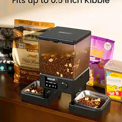 Oneisall 5L/20 Cups Automatic Cat Feeder with 5G Wifi & APP Control, PFD-002 PRO Double Bowl Cat Food Dispenser with 1 Desiccant Bag, Timed Automatic Pet Feeder for 2 Cats/2 Small Dogs - Black