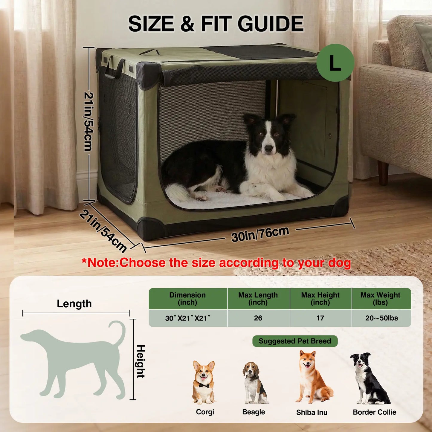 Collapsible Travel Dog Crate, Portable Soft Dog Kennel for Medium Large Dogs up to 60 Lbs, 4-Door Foldable Travel Crate with Durable Mesh & Storage Bag Green/Black/Grey