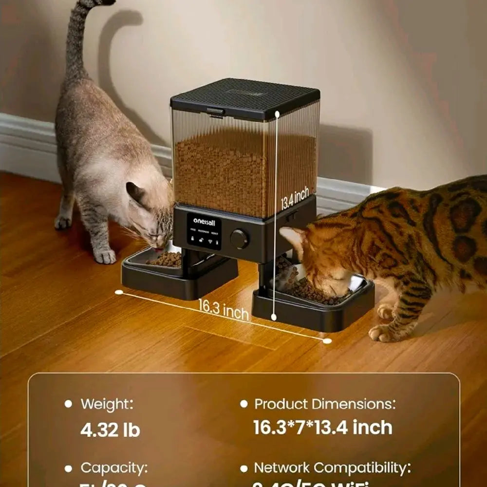 Oneisall 5L/20 Cups Automatic Cat Feeder with 5G Wifi & APP Control, PFD-002 PRO Double Bowl Cat Food Dispenser with 1 Desiccant Bag, Timed Automatic Pet Feeder for 2 Cats/2 Small Dogs - Black