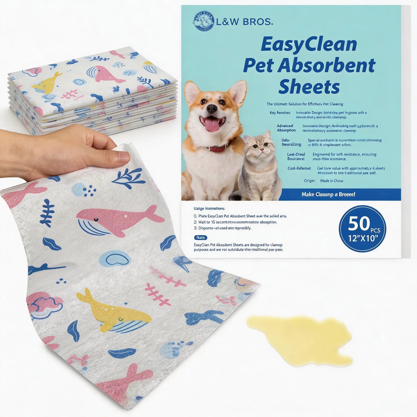 Pet Quick Absorbent Sheets, New Style Dog Pee Pad, 12"X10" for Urine and Pet Stain & Odor Remover